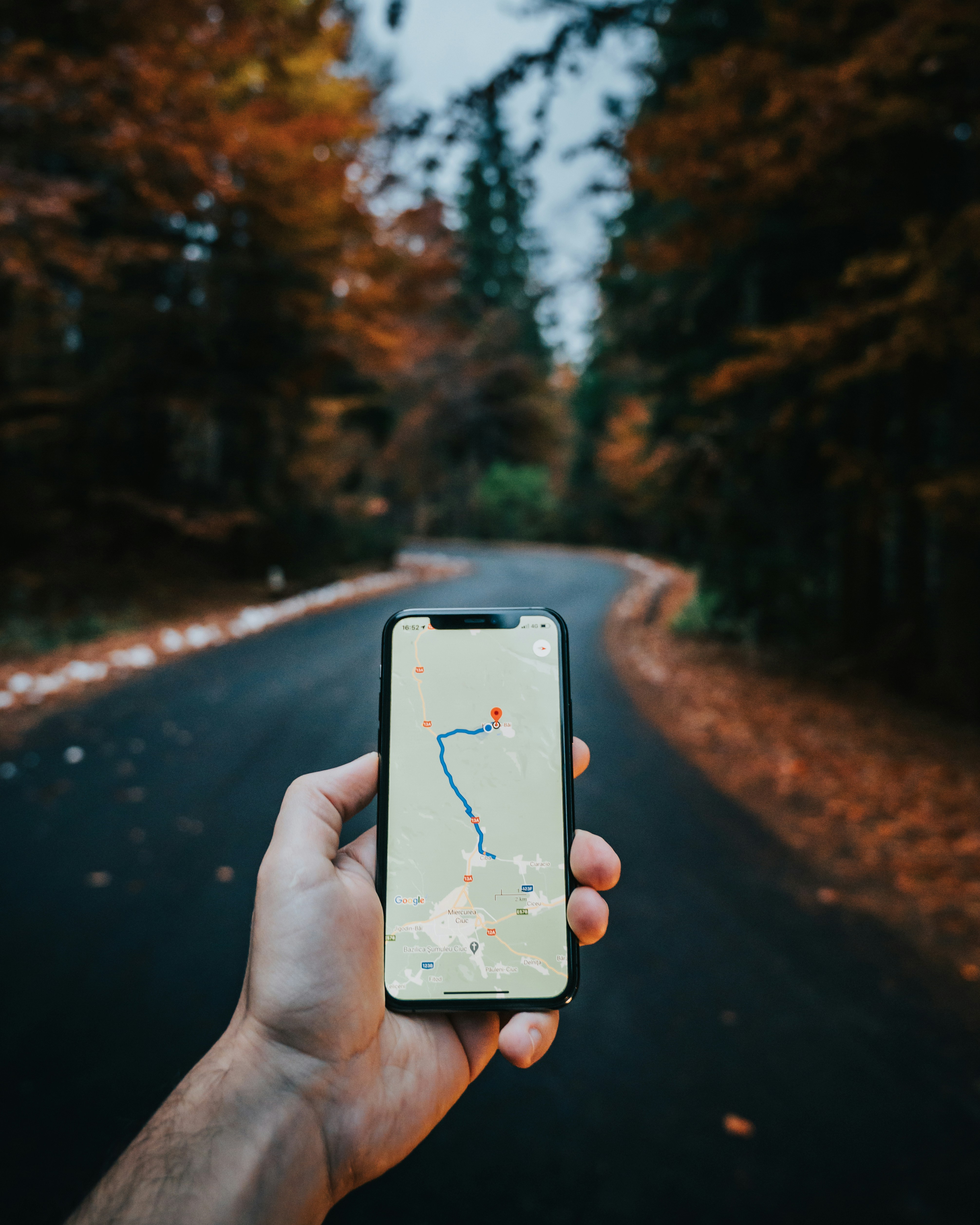 A man holds his phone, wandering down a dark street in the middle of fall.